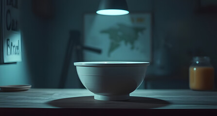 A scene of ceramic mixing bowl under studio lighting, illustrated in surreal tones, shown with cinematic lighting