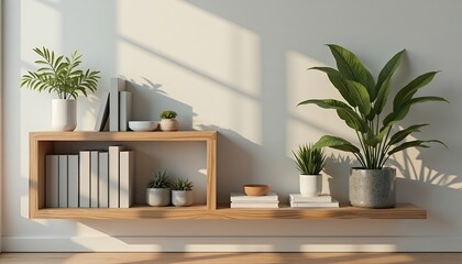 Floating shelf with plants and books