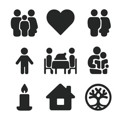 Family Values Icons. Solid, filled icons set of family values and love: family icon, heart icon, parent icon,