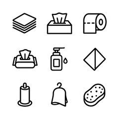 Hygiene Icons Set. Outline icon set of related hygiene products: napkin stack, facial tissue box, toilet paper roll, wet wipe