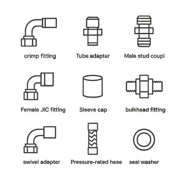 Hydraulic Hose Icons. Outline icon set of hydraulic hose components: crimp fitting, tube adapter, male stud coupling, female JIC