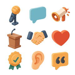 Inspirational Communication Icons. Isometric Flat icon set of inspirational communication: microphone, speech bubble, megaphone,