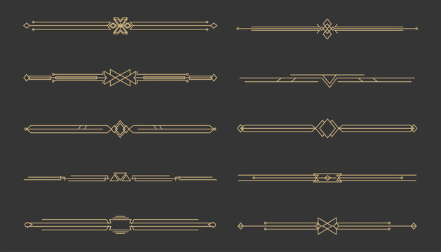 Art deco golden retro divider, border. Line frame vintage geometry gold elegant decoration. Set ornate decor elements.
