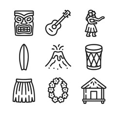 Island Culture Icons. Outline icon set of island cultural symbols: tiki mask, ukulele, hula dancer, surfboard, lava rock, tribal