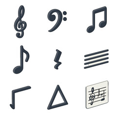 Jazz Notation Icon Set. Isometric Flat icon set of jazz notation symbols: treble clef, bass clef, quarter note, eighth note, rest