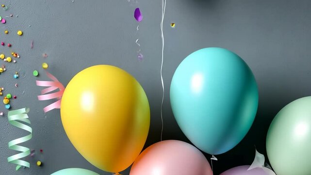 Bright balloons adorn a festive celebration with confetti scattered across a gray backdrop