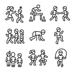 Naklejka premium Kids Fitness Icons. Outline icon set of kids’ fitness games: freeze tag, obstacle course, relay race, follow-the-leader, animal
