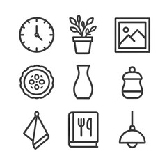 Kitchen Icons Grid. Outline icon set of kitchen decor and accessories: wall clock, potted herb, artwork frame, decorative plate,