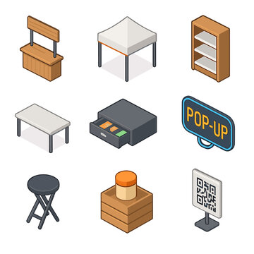 Popup Shop Icons. Isometric Flat icon set of popup shop activation: folding kiosk, canopy tent, display shelves, countertop, cash