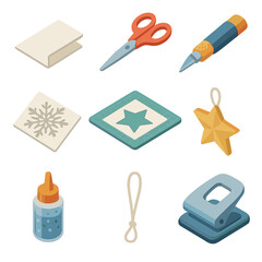 Craft Tools Icon Set. Isometric Flat icon set of paper snowflakes and stars: folded paper sheet, cutting scissors, craft knife,
