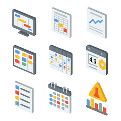 Production Planning Icons. Isometric Flat icon set of production planning and scheduling: Gantt chart screen, capacity planner,