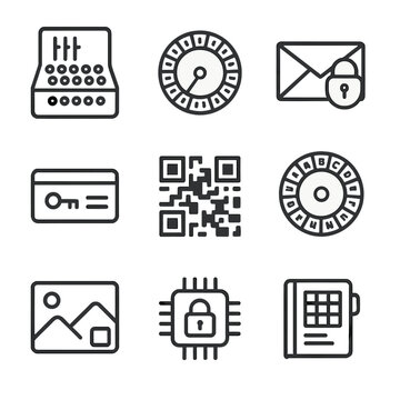 Cryptography Icon Set. Outline icon set of cryptography devices: Enigma machine, cipher wheel, coded letter, keycard, QR code,