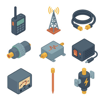 Radio Equipment Icons. Isometric Flat icon set of radio communication equipment: transceiver, antenna tower, coaxial cable,