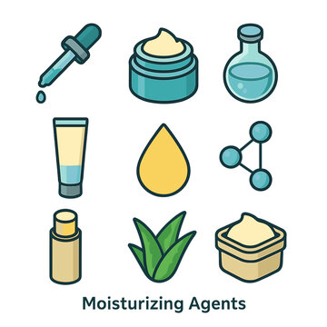 Moisturizing Agents Icons. Isometric Flat icon set of Moisturizing Agents: hyaluronic acid dropper, ceramide cream jar, glycerin