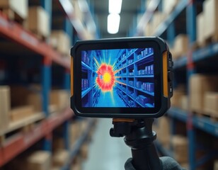 Thermal imager inspects warehouse. Detects heat anomalies on shelves with boxes. Energy audit, industrial inspection, building diagnostics, infra-red tech. Tech uses detection, temperature