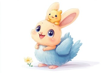 Fototapeta premium A whimsical bunny with a chick on its head sharing friendship and happiness in white background. Generative Ai