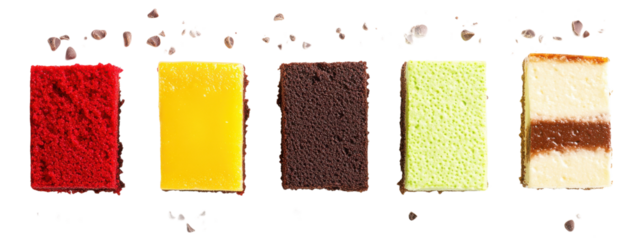Assorted colorful cake slices set isolated on transparent background
