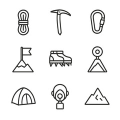 Mountain Climbing Icons. Outline icon set of mountain summit conquest: climbing rope, ice axe, carabiner, summit flag, crampons,