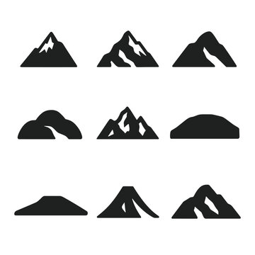 Mountain Silhouette Grid. Flat icon set of mountain peaks silhouettes: Everest silhouette, K2 outline, Matterhorn shape, Elbrus