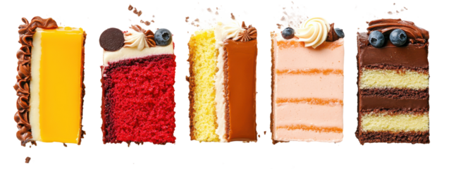 Assorted colorful cake slices set isolated on transparent background