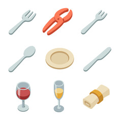 Isometric Dining Utensil Icons. Isometric Flat icon set of fine dining utensils: fish fork, lobster cracker, oyster fork, dessert