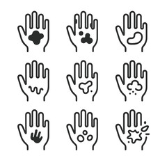 Dirty Hands Icons. Outline icon set of dirty hands situations: paint-stained palm, grease-covered fingers, ink-smeared thumb, soil