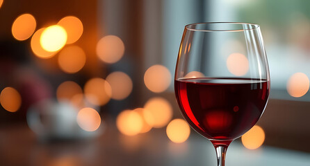 A scene of red wine glass with bokeh highlights, illustrated in delicate tones, rendered in 3D low-poly