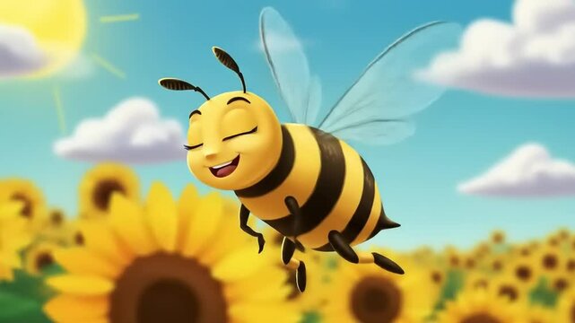 Cheerful cartoon bee flying over a vibrant sunflower field under a bright sunny sky