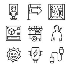 Neon Cyberpunk Icon Set. Outline icon set of neon cyberpunk district: holographic billboard, neon sign, rain-soaked alley,