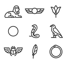 Obraz premium Sarcophagus Icon Set. Outline icon set of sarcophagus symbolic motifs: sphinx guardian, winged sun, lotus blossom, solar disk,