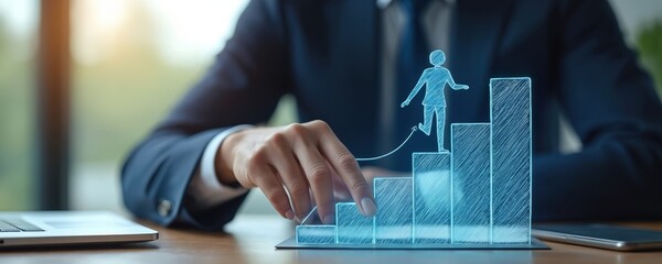 Businessman touches bar chart with stick figure climbing, business development and career concept. Man in suit reaches for ladder steps. Achieving goals, success, growth, progress.