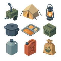 Nighttime Field Kitchen Icons. Isometric Flat icon set of field kitchen at night: mobile stove, mess tent, lantern, cook pot,