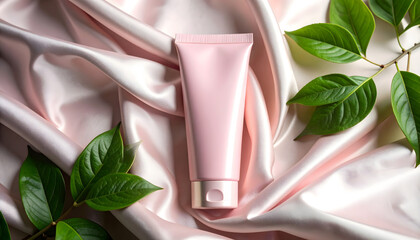 Pink Facial Cleanser Tube on Silky Fabric with Green Leaves 