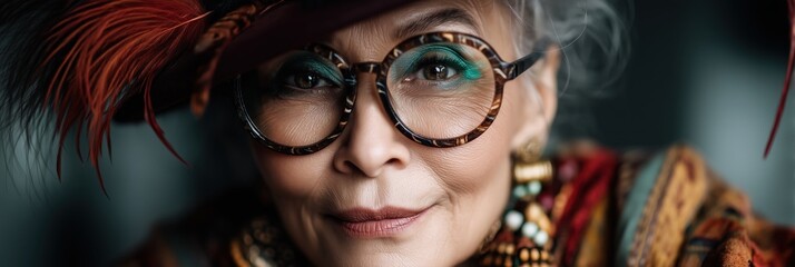 Extravagant senior woman wearing hat and glasses smiling confidently
