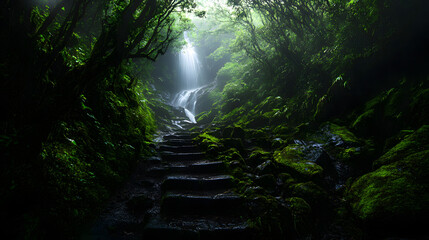 A mountain trail leading up to a hidden waterfall, surrounded by dense forest and moss-covered rocks.