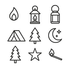 Outdoor Lantern Icons. Outline icon set of outdoor lantern candle: candle flame, lantern frame, glass pane, metal handle, camping