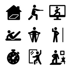 Indoor Fitness Icons. Solid, filled icons set of indoor fitness routines with stretching: home mat icon,
