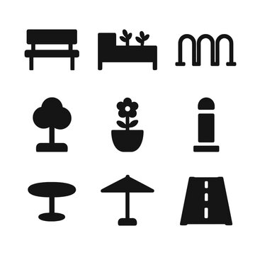 Parklet Icon Set. Flat icon set of parklets: seating bench, planter bench, bicycle rack, mini-tree, flower pot, bollard, outdoor