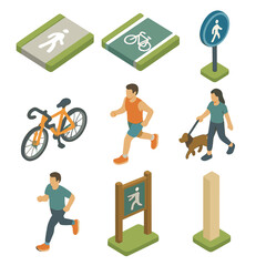 Isometric Pathway Icons. Isometric Flat icon set of walking and cycling paths: footpath, cycling lane, pedestrian sign, bicycle,
