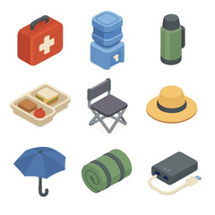 Strike Support Icon Set. Isometric Flat icon set of strike support supplies: first aid kit, water cooler, thermos flask, snack