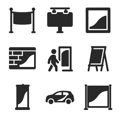 Large Format Icons. Solid, filled icons set of large format print: banner icon, billboard print, window cling,