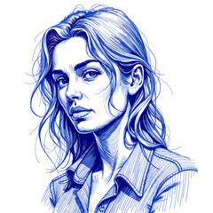 Young woman with long hair in blue ink sketch style on white background  