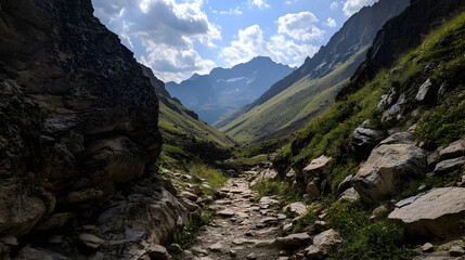 A narrow trail winding through rocky terrain, with a steep drop-off to one side and distant mountain peaks visible.