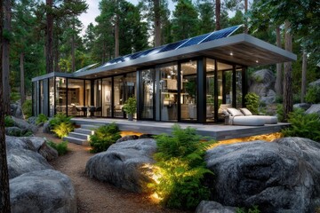 Obraz premium Modern eco-friendly house surrounded by nature in a serene forest setting