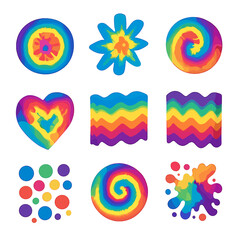 Tie-Dye Icon Set. Isometric Flat icon set of tie-dye patterns: concentric rings, starburst, swirl burst, heart shape, wave lines,