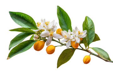 Branch with white flowers green leaves and small orange fruits against a transparent background