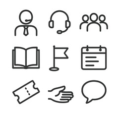 Guided Tour Icons. Outline icon set of guided tour elements: tour guide figure, headset microphone, group silhouette, guidebook,