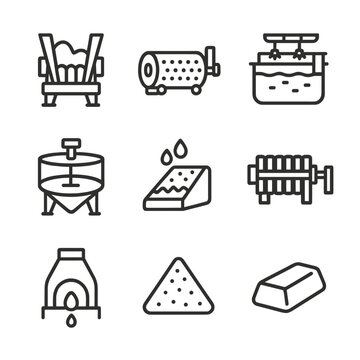 Refinery Icon Set. Outline icon set of refinery and processing: jaw crusher, ball mill, flotation cell, thickener tank, leach pad,