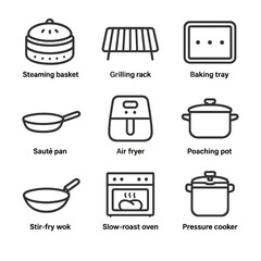 Obraz premium Healthy Cooking Icons. Outline icon set of healthy cooking methods: steaming basket, grilling rack, baking tray, sauté pan, air