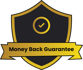 Golden Shield Icon with Checkmark and &ldquo;Money Back Guarantee&rdquo; Text on Black and Yellow Banner